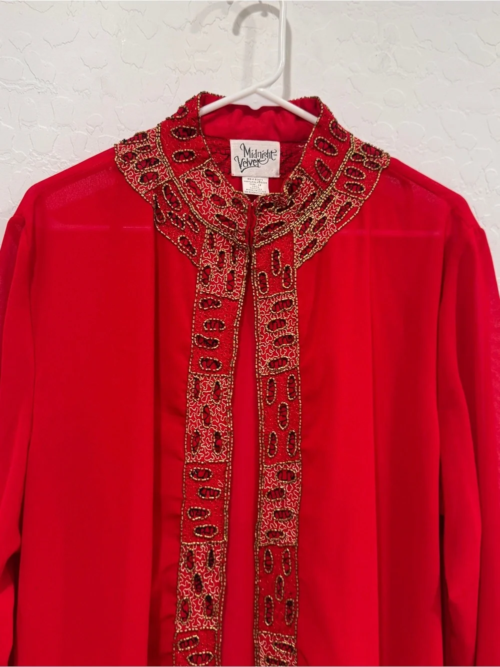 Midnight Velvet Red Beaded Trim Duster Cardigan Womens 1X Sheer Maximalist Boho
